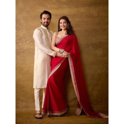 Gopi Vaid Red Kajal Aggarwal In Zohra Saree with Stitched Blouse