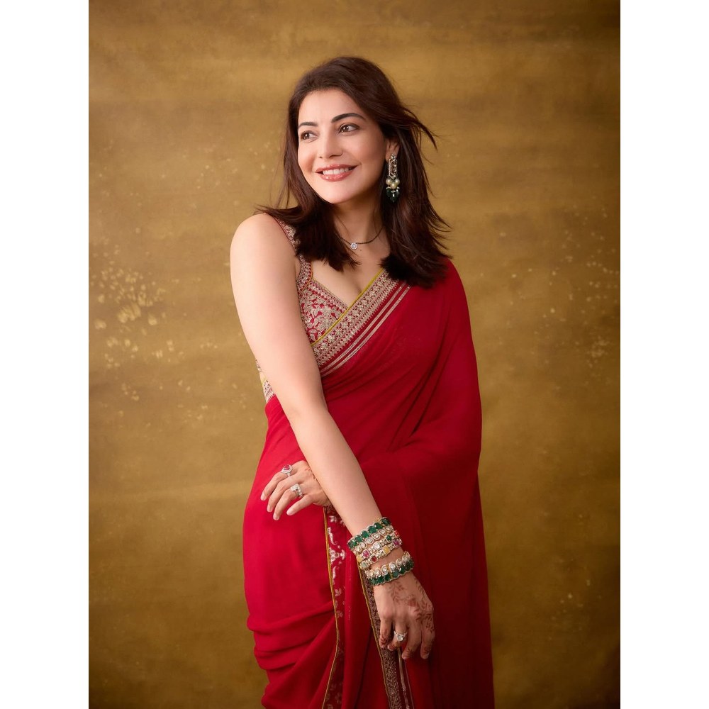 Gopi Vaid Red Kajal Aggarwal In Zohra Saree with Stitched Blouse