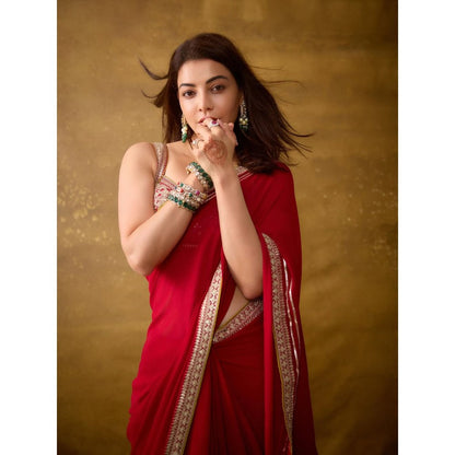 Gopi Vaid Red Kajal Aggarwal In Zohra Saree with Stitched Blouse