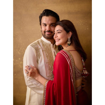 Gopi Vaid Red Kajal Aggarwal In Zohra Saree with Stitched Blouse