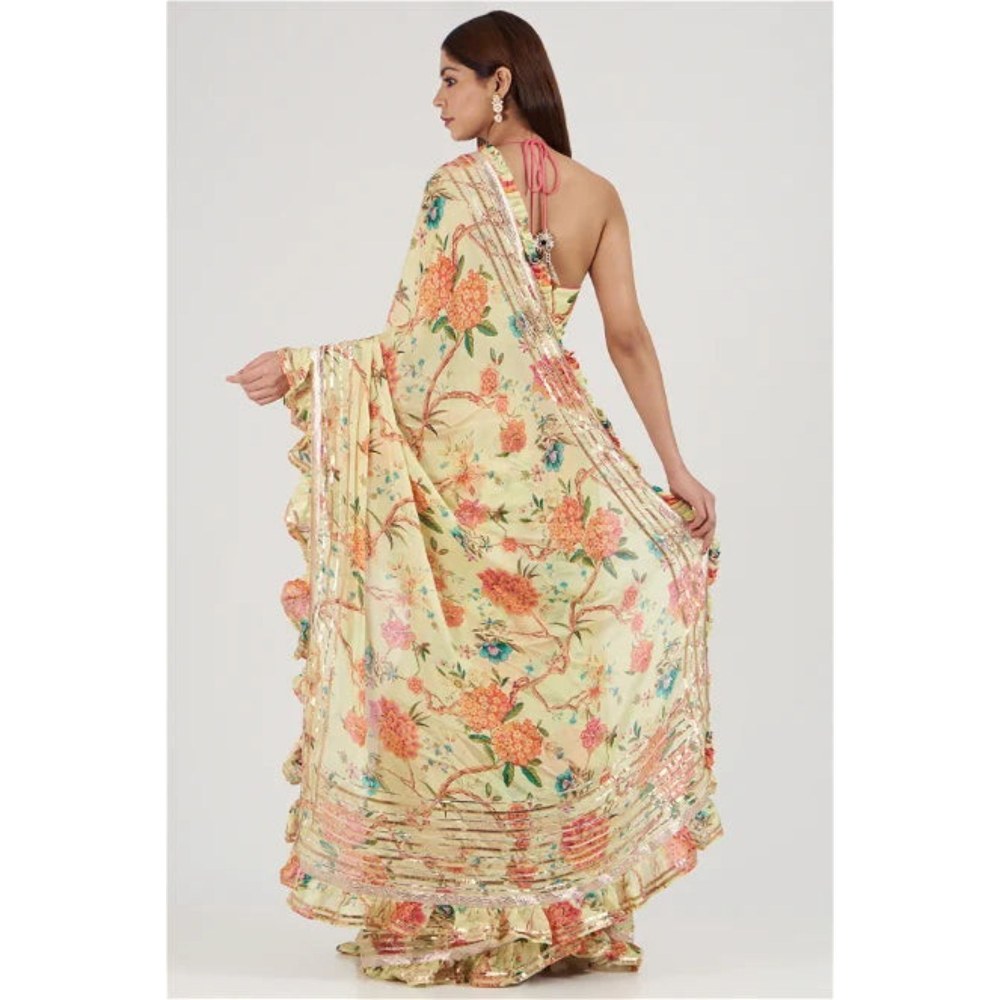 Gopi Vaid Yellow Bhumi Pre-Draped Saree with Stitched Blouse