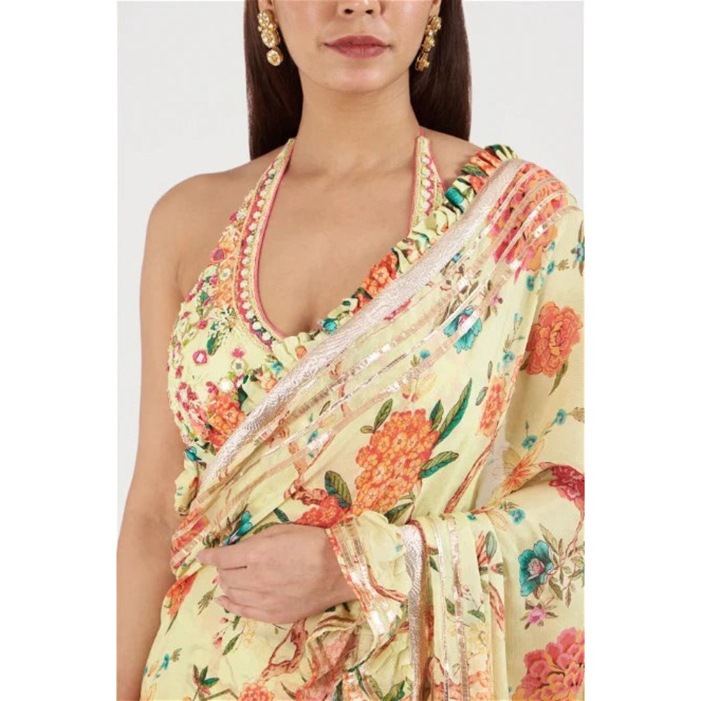 Gopi Vaid Yellow Bhumi Pre-Draped Saree with Stitched Blouse