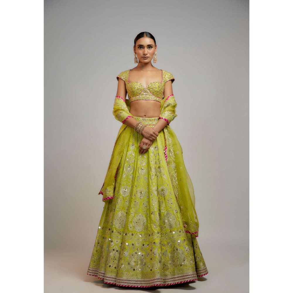 Gopi Vaid Malaika Arora In Golconda Nayla Lime Green Skirt with Blouse and Dupatta