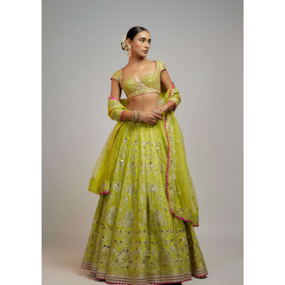 Gopi Vaid Malaika Arora In Golconda Nayla Lime Green Skirt with Blouse and Dupatta