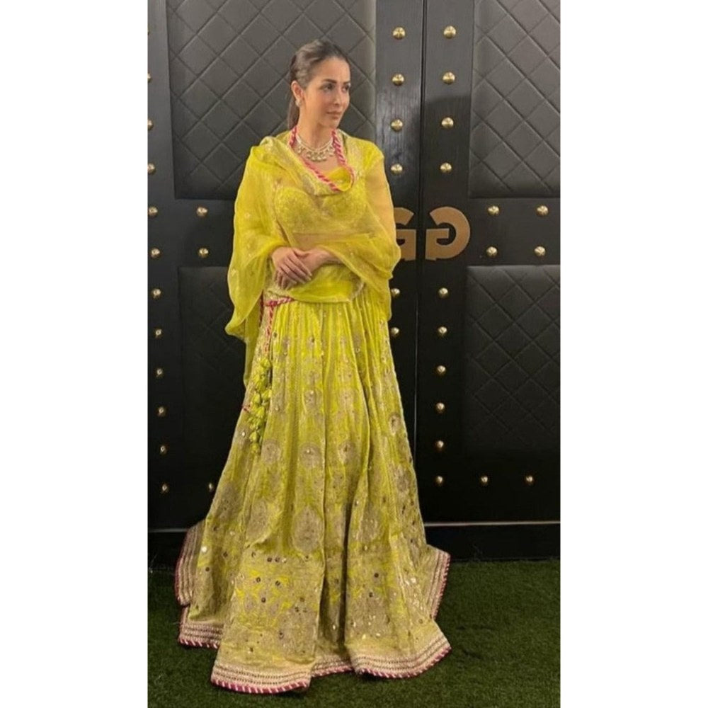 Gopi Vaid Malaika Arora In Golconda Nayla Lime Green Skirt with Blouse and Dupatta