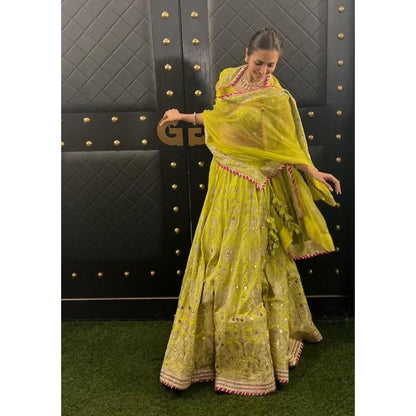 Gopi Vaid Malaika Arora In Golconda Nayla Lime Green Skirt with Blouse and Dupatta