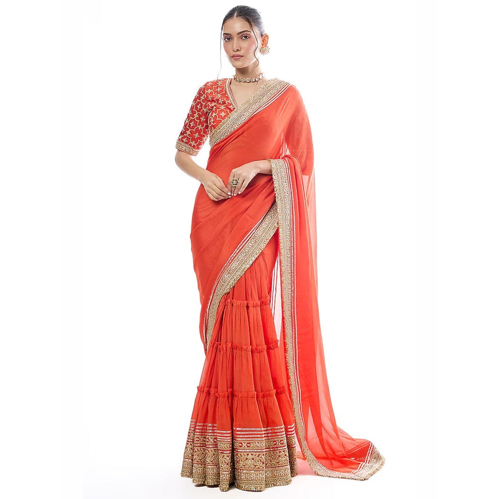 Gopi Vaid Orange Zehra Saree with Stitched Blouse