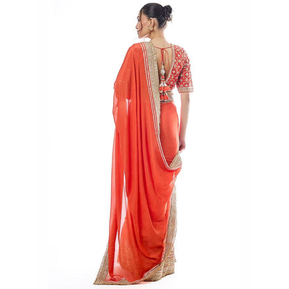 Gopi Vaid Orange Zehra Saree with Stitched Blouse