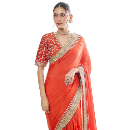 Gopi Vaid Orange Zehra Saree with Stitched Blouse