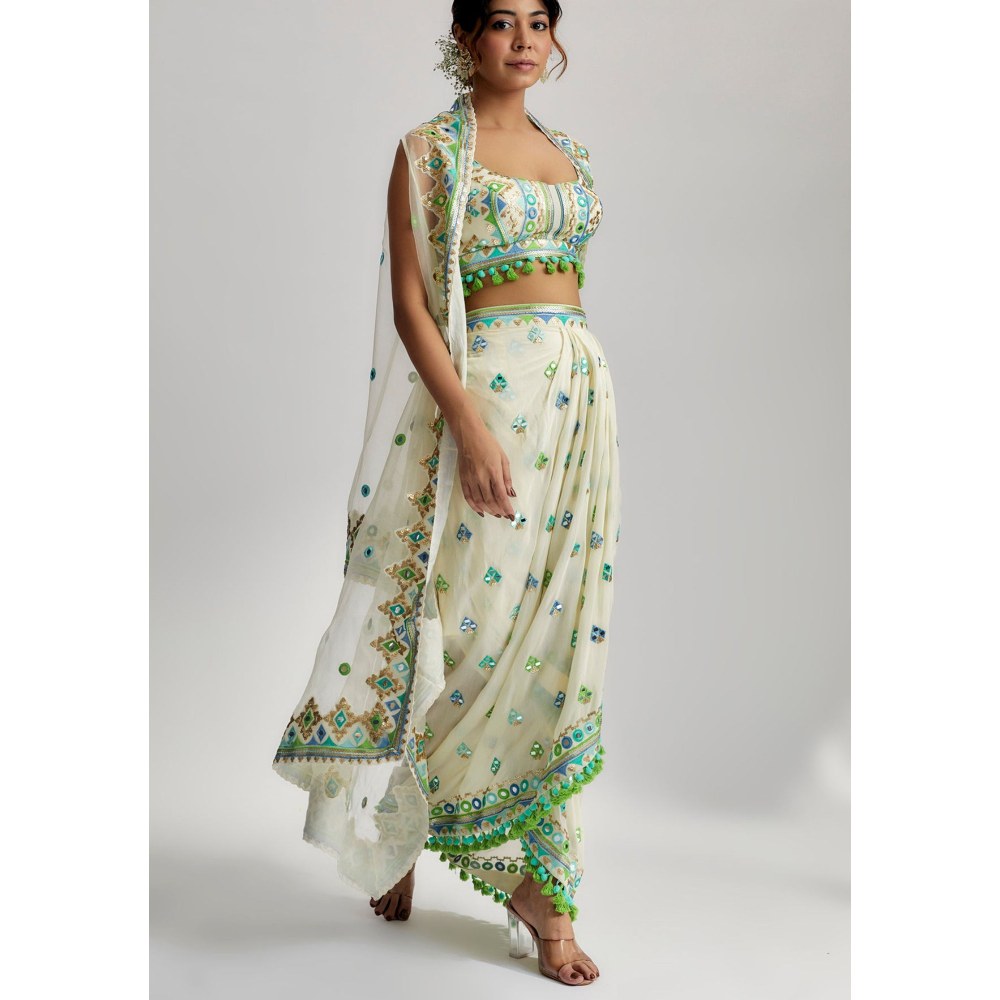 Gopi Vaid Amina Ivory Drape Blouse with Skirt and Cape