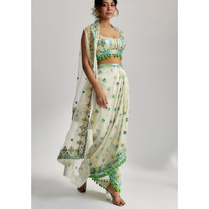 Gopi Vaid Amina Ivory Drape Blouse with Skirt and Cape