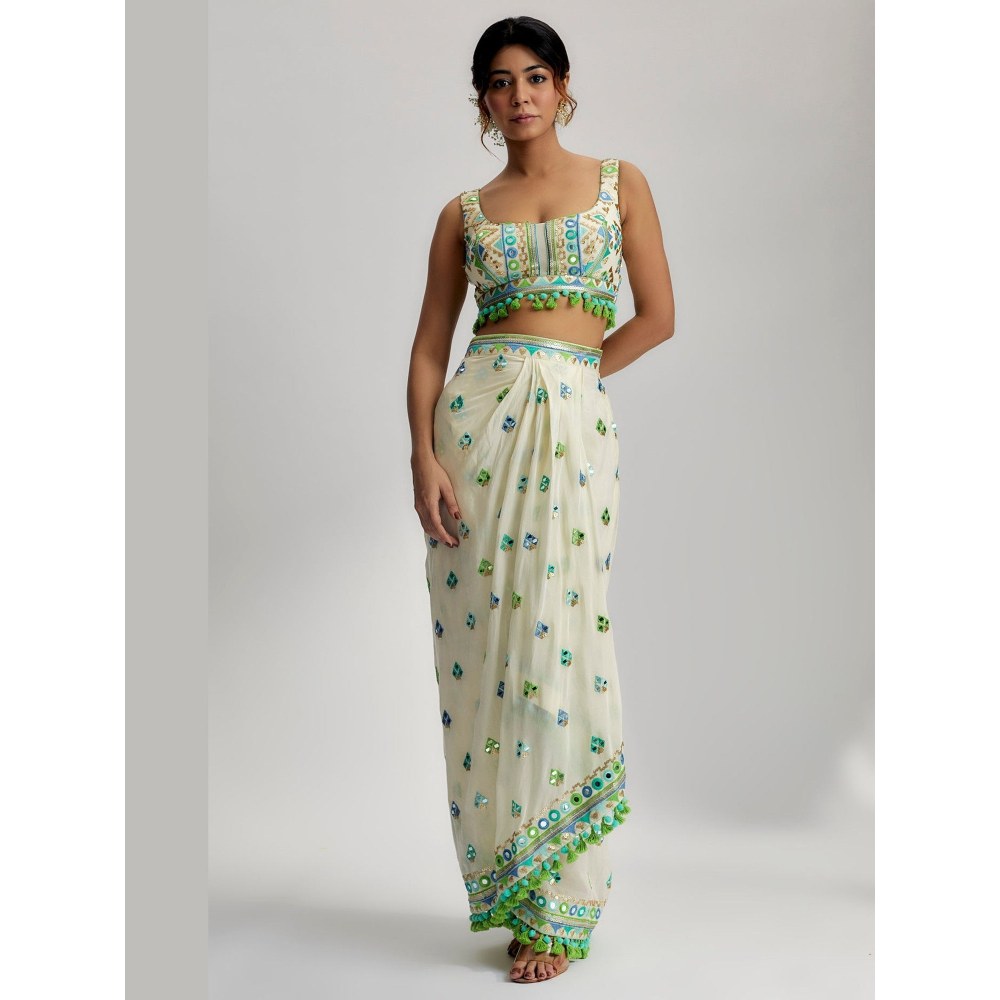 Gopi Vaid Amina Ivory Drape Blouse with Skirt and Cape