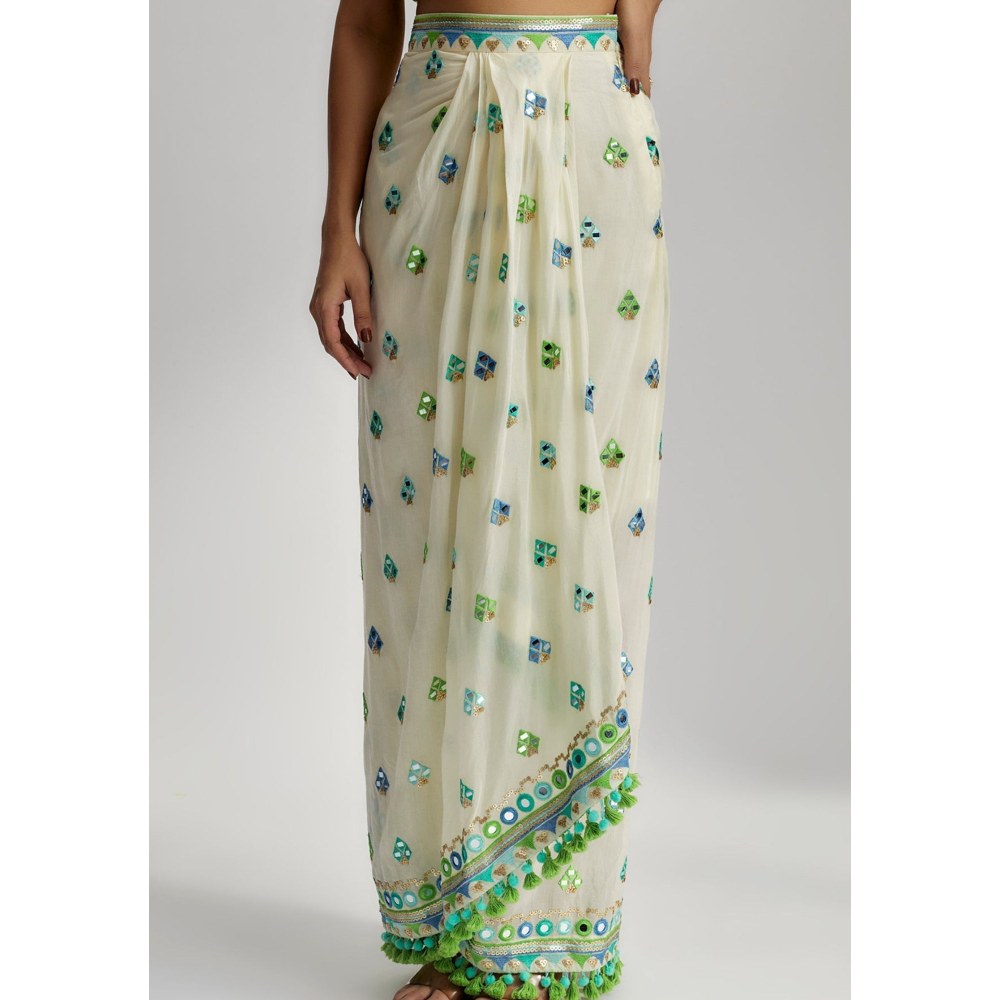 Gopi Vaid Amina Ivory Drape Blouse with Skirt and Cape