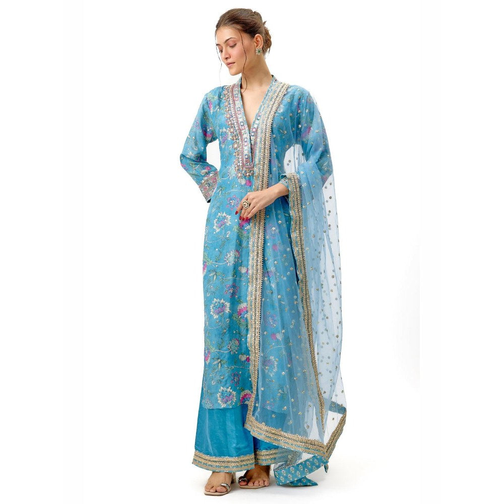 Gopi Vaid Krishna Blue Floral Kurta with Palazzo and Dupatta