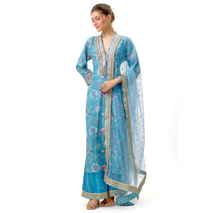 Gopi Vaid Krishna Blue Floral Kurta with Palazzo and Dupatta