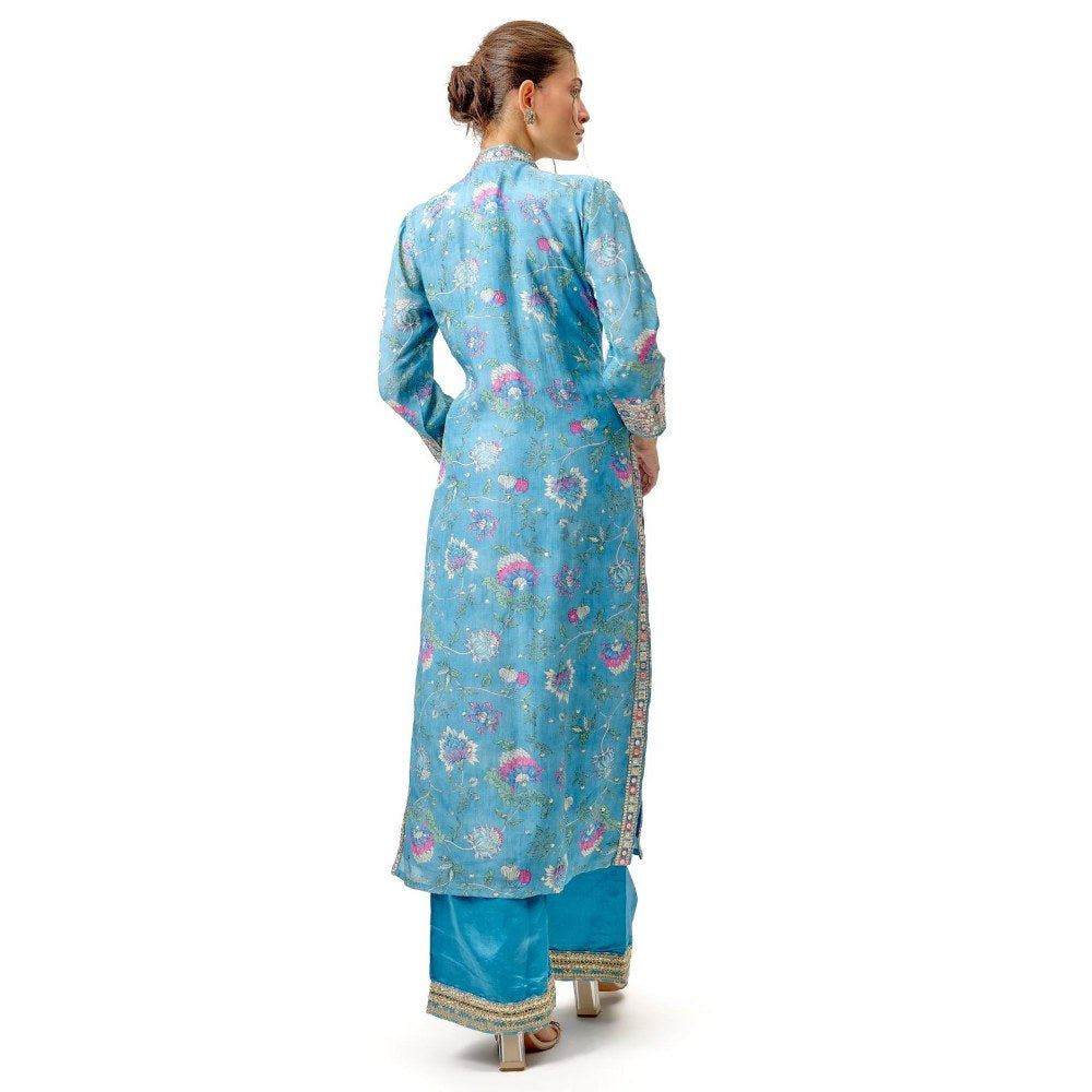 Gopi Vaid Krishna Blue Floral Kurta with Palazzo and Dupatta