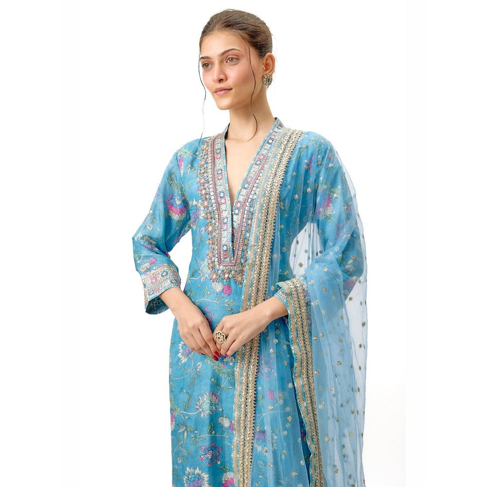 Gopi Vaid Krishna Blue Floral Kurta with Palazzo and Dupatta