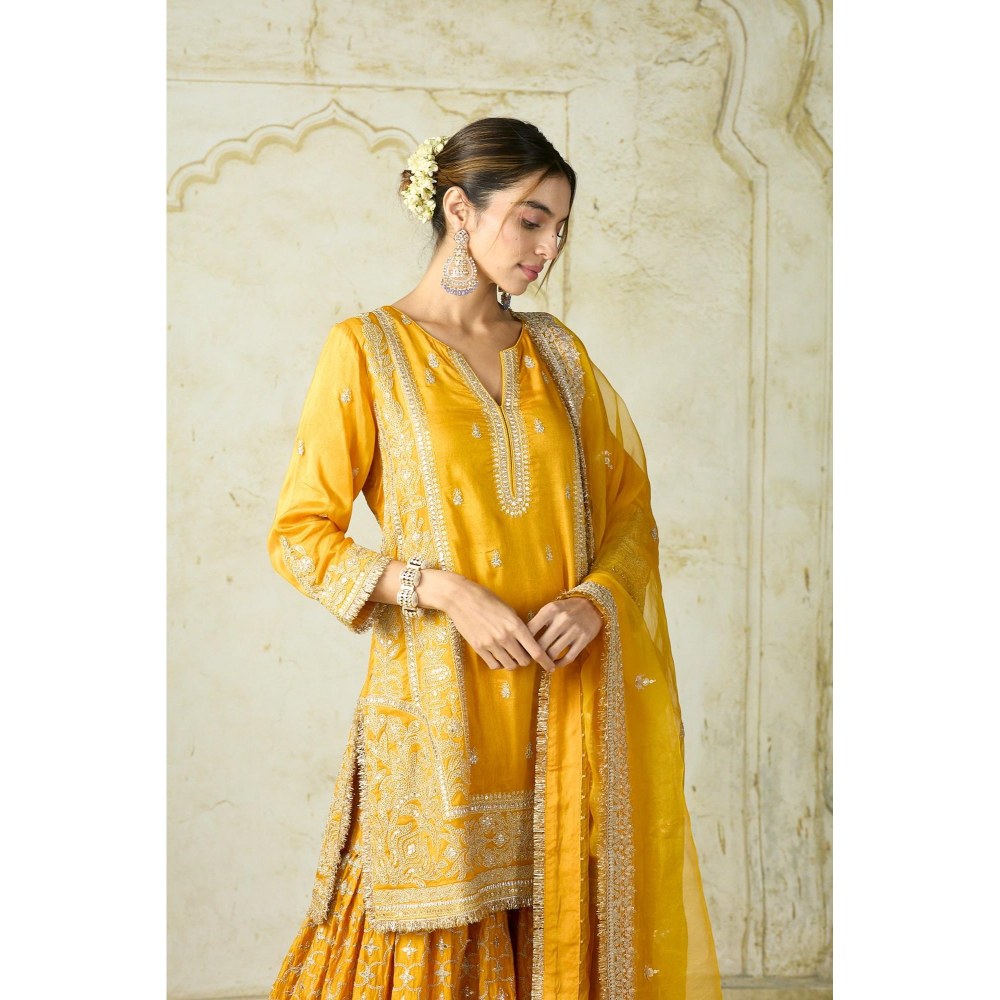 Gopi Vaid Mumtaz Mustard Embroidered Kurta with Sharara and Dupatta