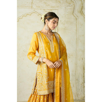 Gopi Vaid Mumtaz Mustard Embroidered Kurta with Sharara and Dupatta