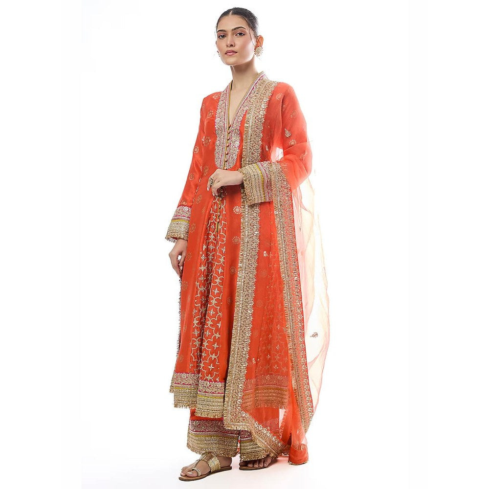 Gopi Vaid Mehrunissa Red Embroidered Anarkali Kurta with Palazzo and Dupatta