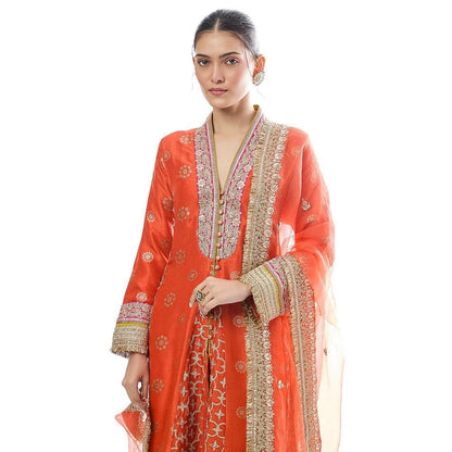 Gopi Vaid Mehrunissa Red Embroidered Anarkali Kurta with Palazzo and Dupatta