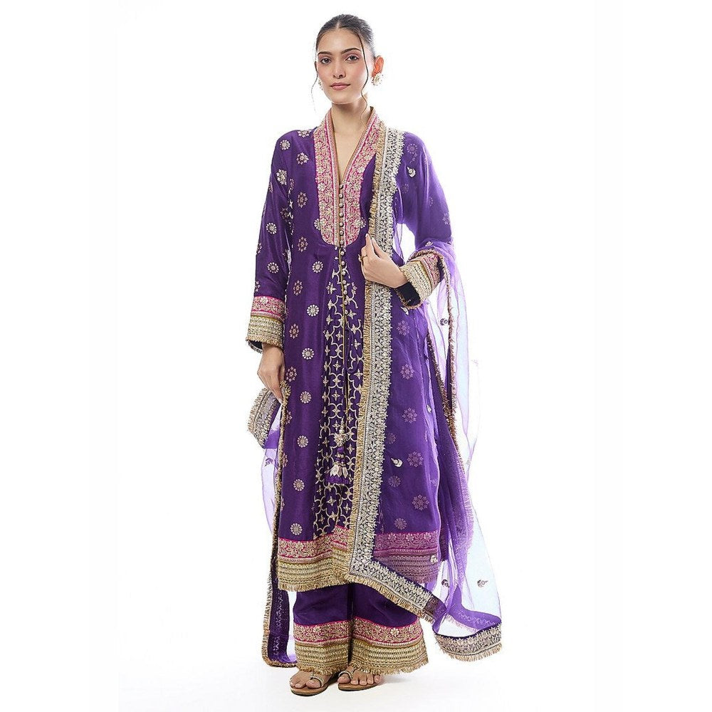 Gopi Vaid Mehrunissa Purple Embroidered Anarkali Kurta with Palazzo and Dupatta