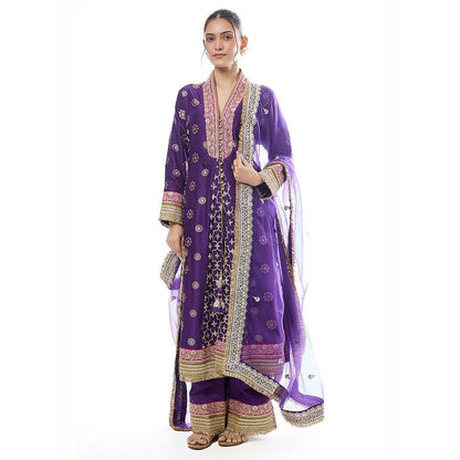 Gopi Vaid Mehrunissa Purple Embroidered Anarkali Kurta with Palazzo and Dupatta