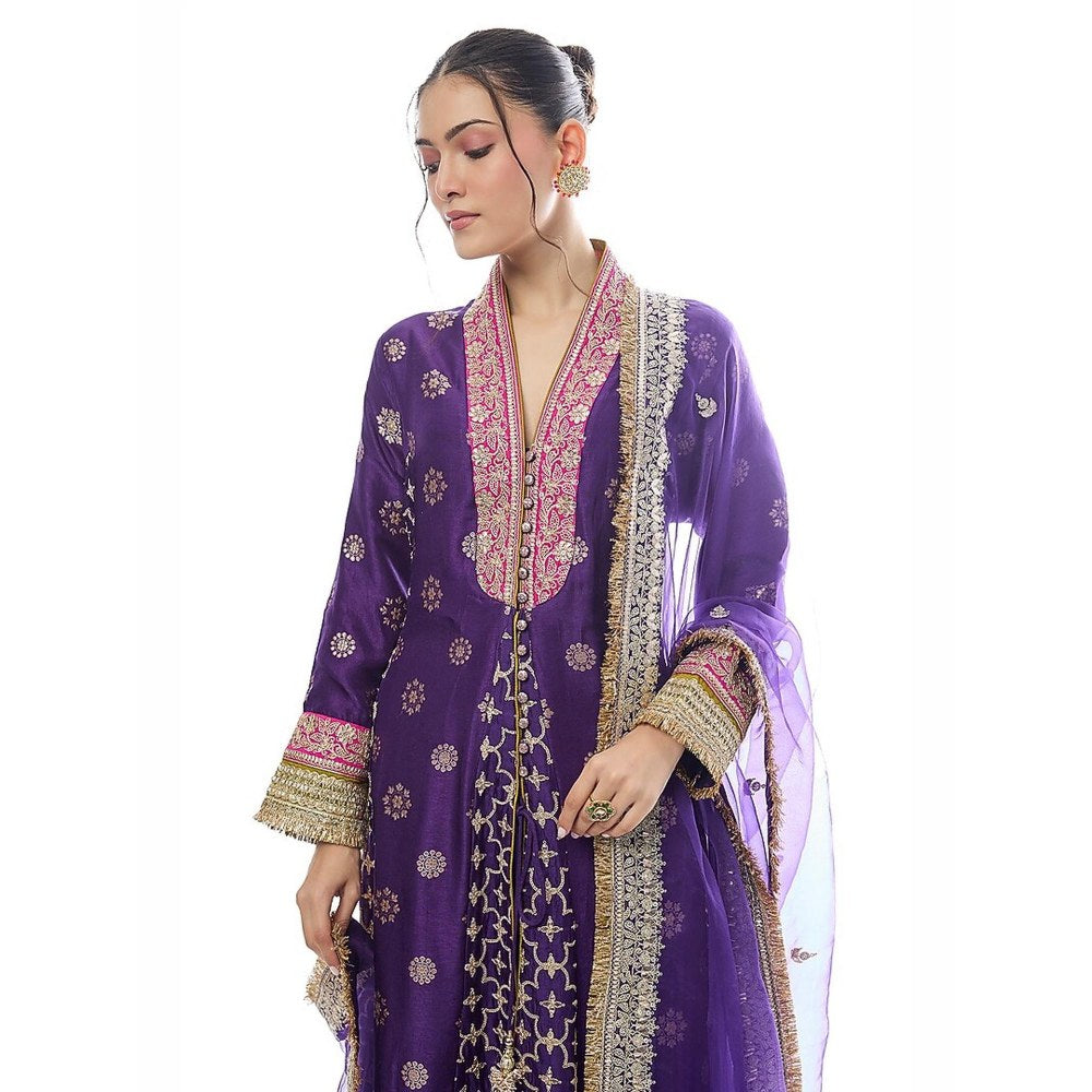 Gopi Vaid Mehrunissa Purple Embroidered Anarkali Kurta with Palazzo and Dupatta