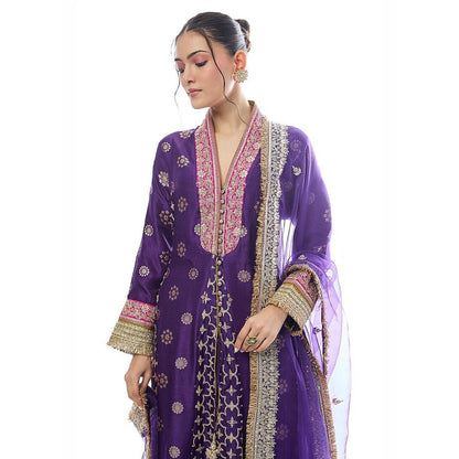 Gopi Vaid Mehrunissa Purple Embroidered Anarkali Kurta with Palazzo and Dupatta