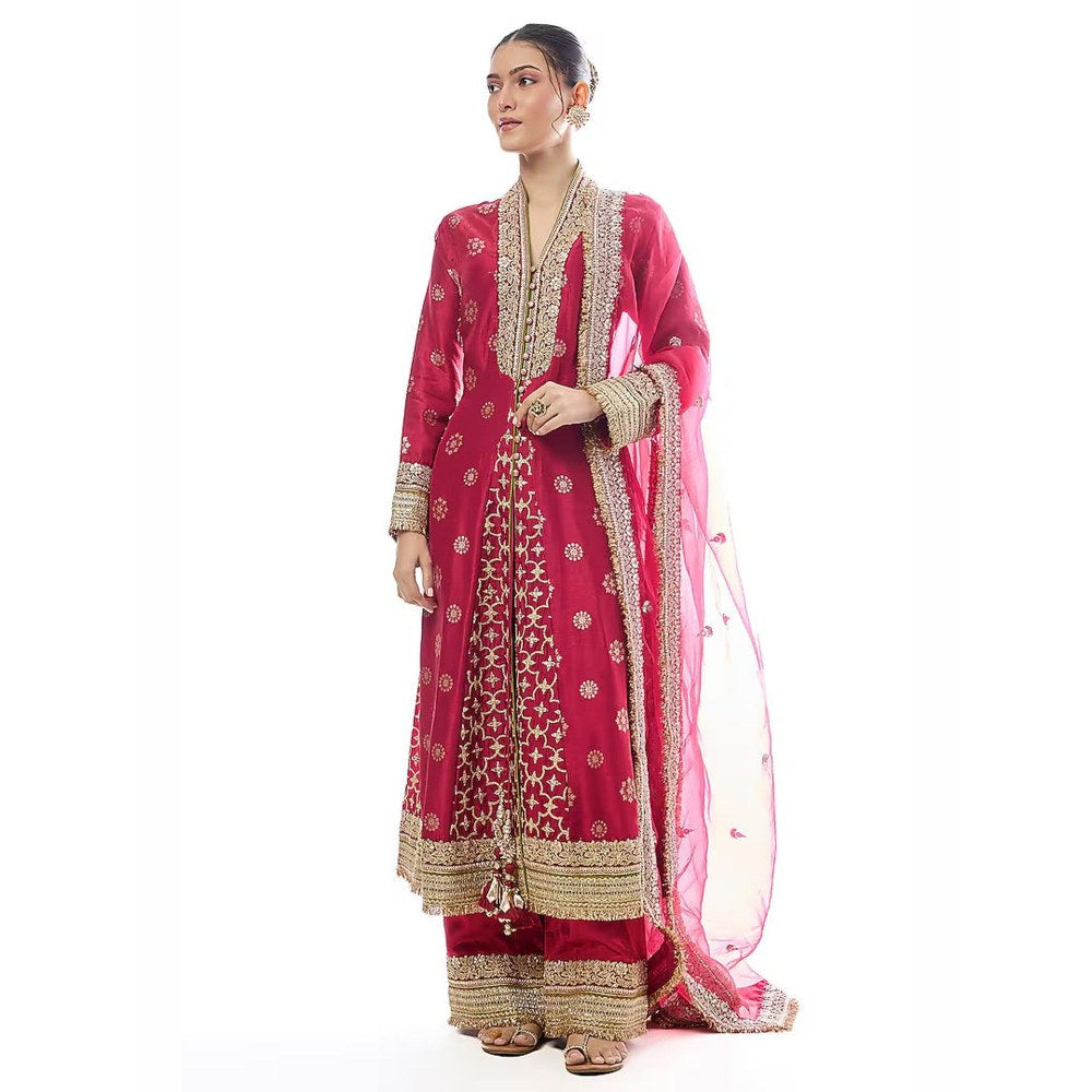 Gopi Vaid Mehrunissa Red Embroidered Anarkali Kurta with Palazzo and Dupatta