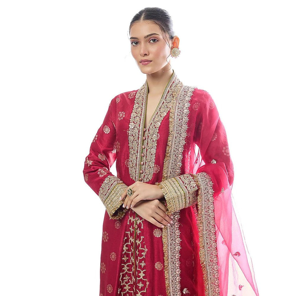Gopi Vaid Mehrunissa Red Embroidered Anarkali Kurta with Palazzo and Dupatta