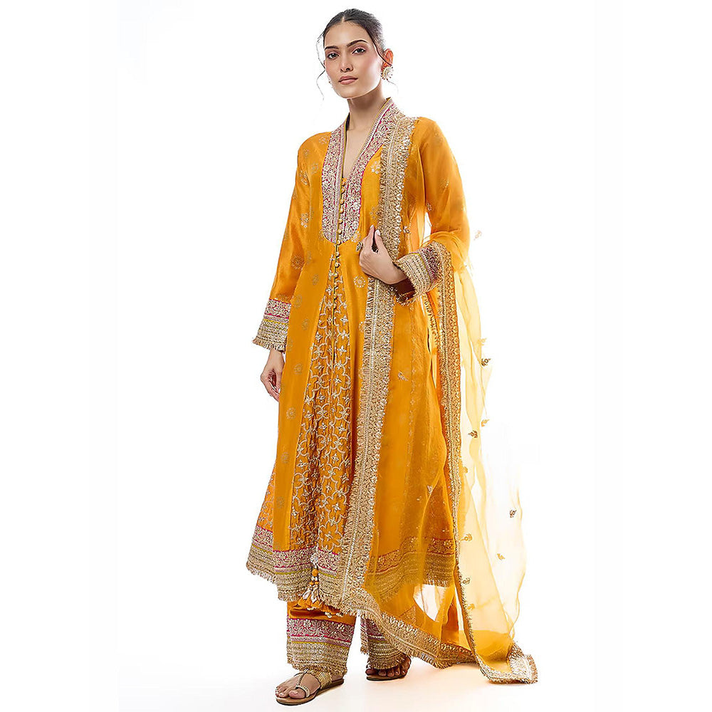 Gopi Vaid Mehrunissa Mustard Embroidered Anarkali Kurta with Palazzo and Dupatta