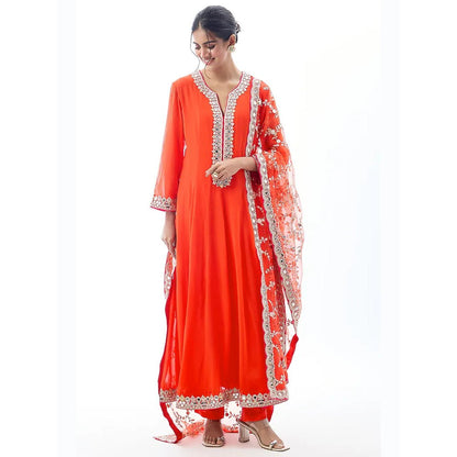 Gopi Vaid Arushi Orange Embroidered Anarkali Kurta with Pant and Dupatta