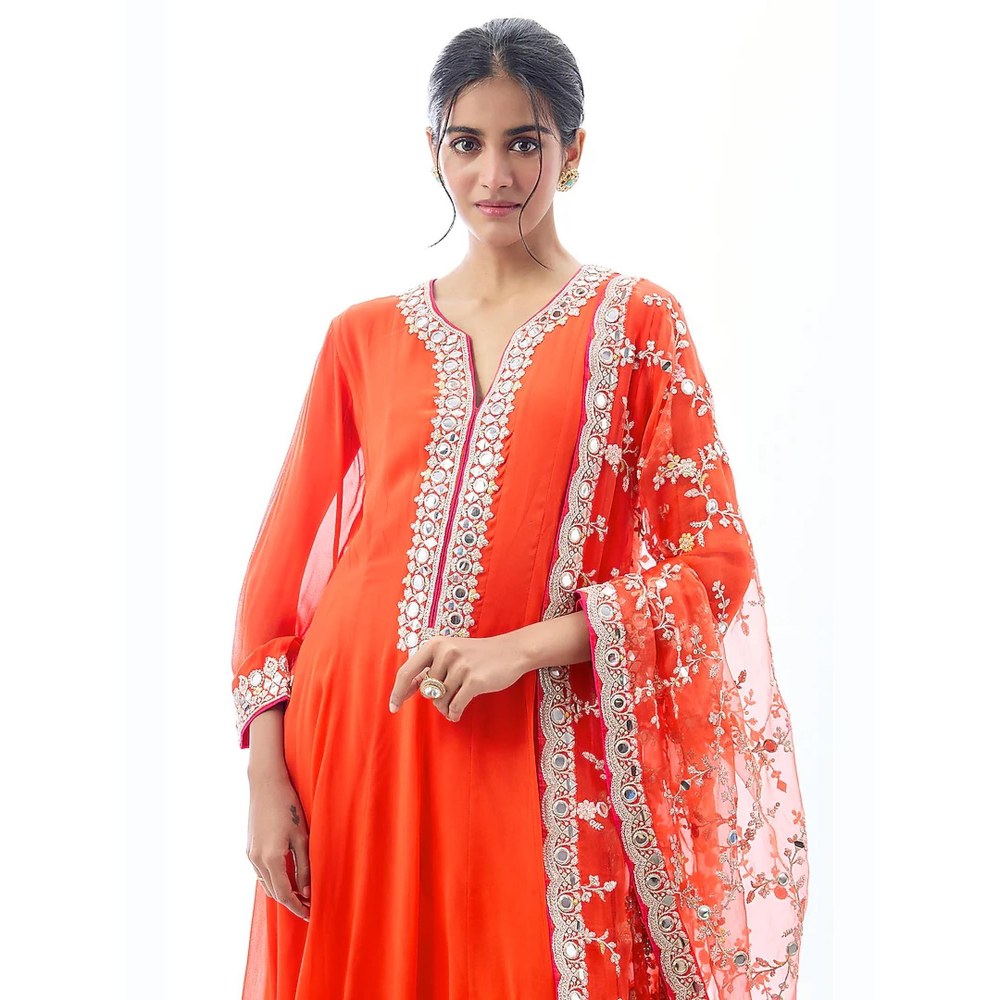 Gopi Vaid Arushi Orange Embroidered Anarkali Kurta with Pant and Dupatta