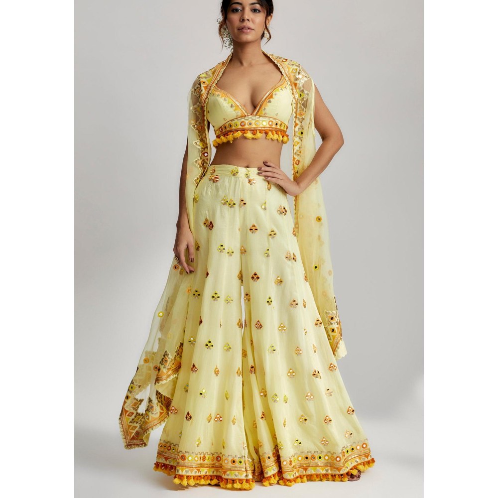 Gopi Vaid Swanica Yellow Embroidered Blouse with Sharara and Dupatta