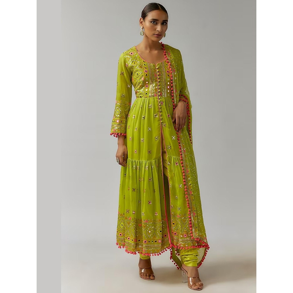Gopi Vaid Riana Green Embroidered Anarkali Kurta with Churidar and Dupatta