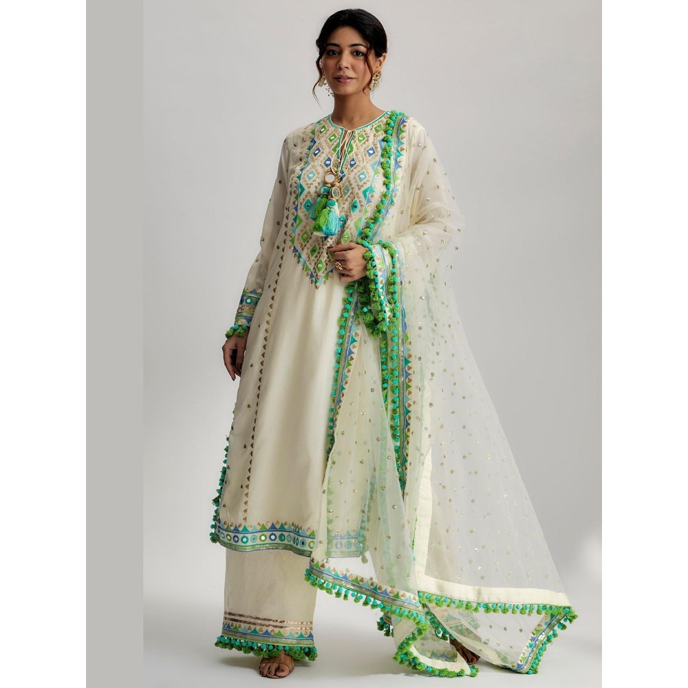 Gopi Vaid Nishika Ivory Embroidered Kurta with Palazzo and Dupatta
