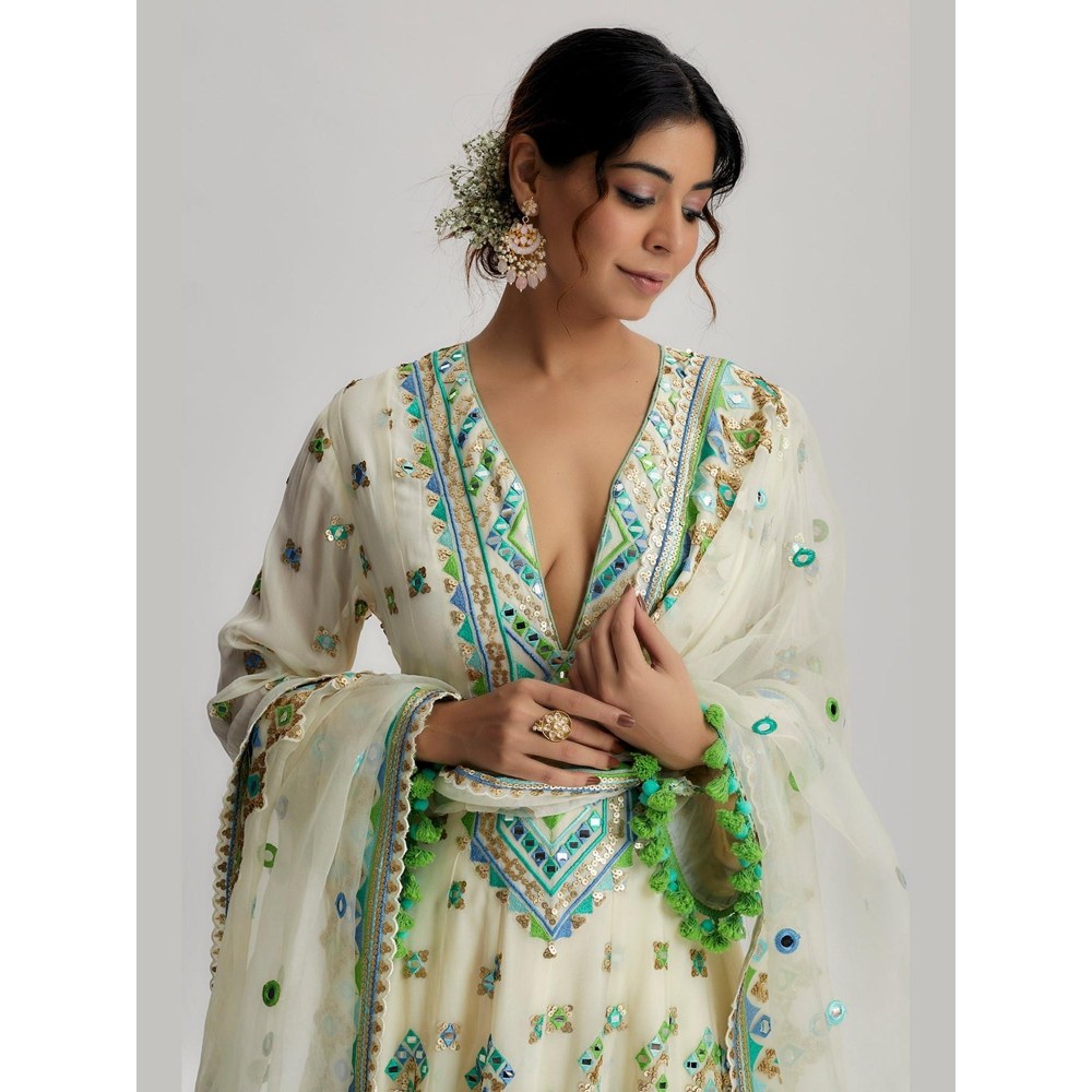 Gopi Vaid Priyal Ivory Embroidered Kurta with Dhoti Pant and Dupatta