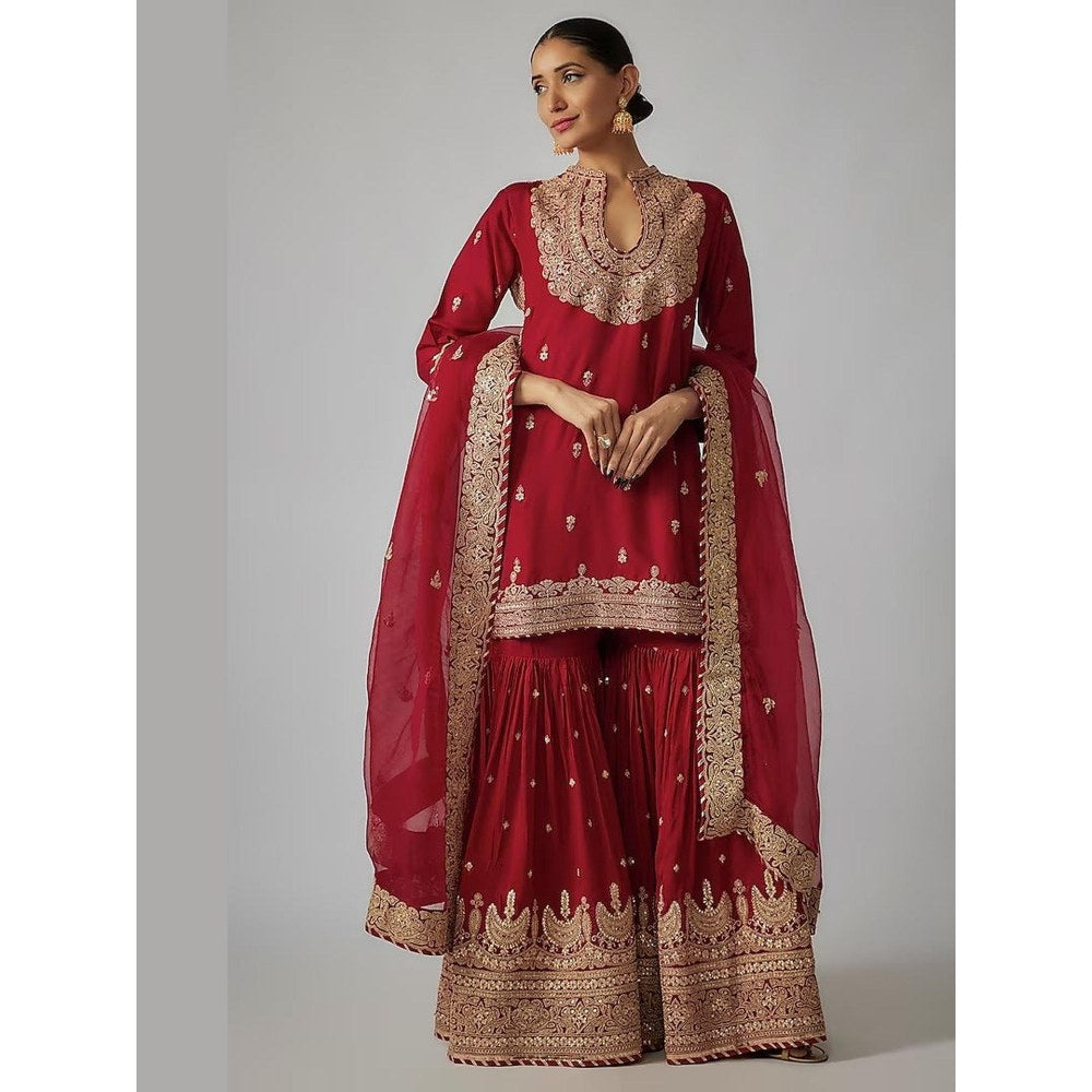 Gopi Vaid Golconda Red Embroidered Kurta with Sharara and Dupatta