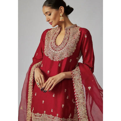 Gopi Vaid Golconda Red Embroidered Kurta with Sharara and Dupatta