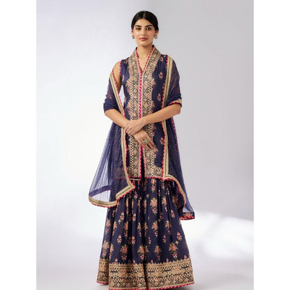 Gopi Vaid Dhriti Navy Blue Floral Kurta with Sharara and Dupatta