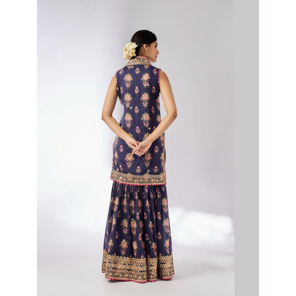 Gopi Vaid Dhriti Navy Blue Floral Kurta with Sharara and Dupatta