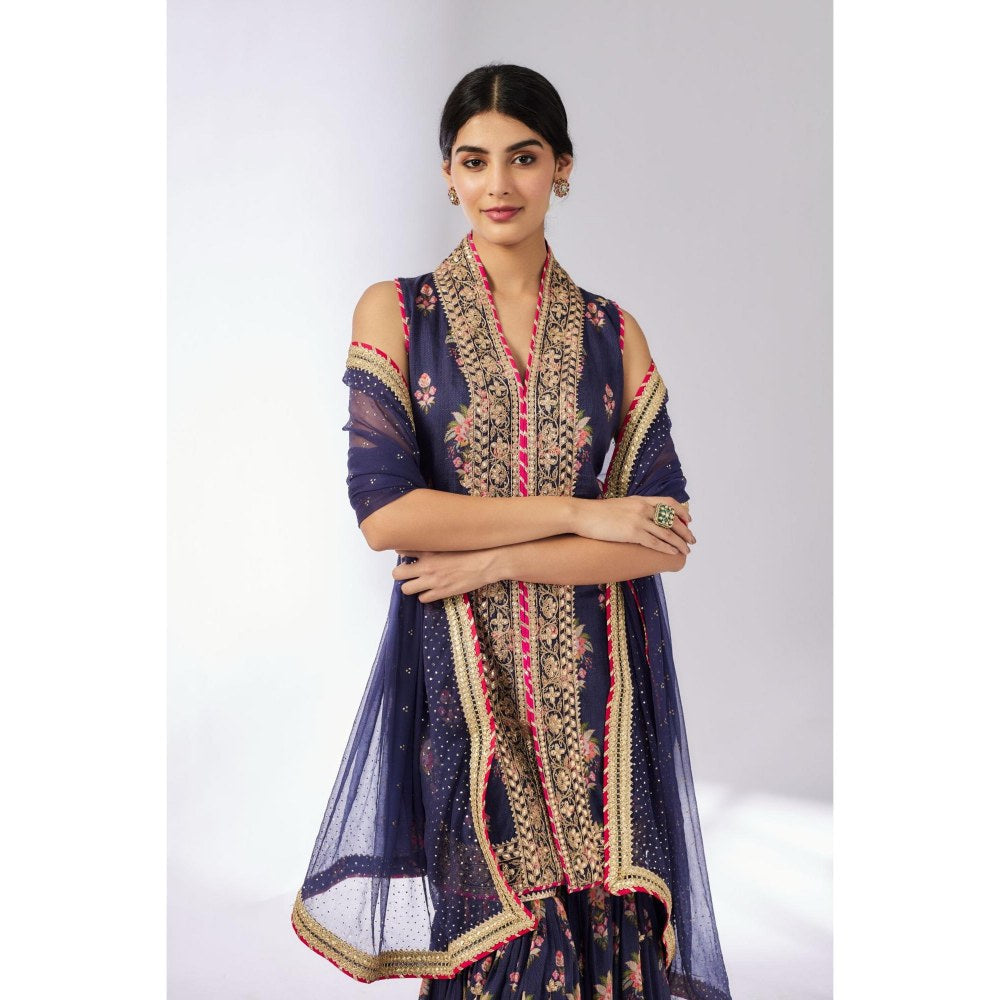 Gopi Vaid Dhriti Navy Blue Floral Kurta with Sharara and Dupatta