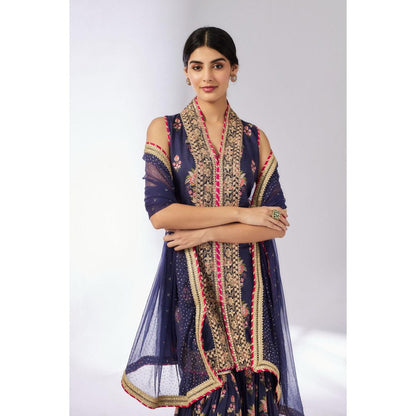 Gopi Vaid Dhriti Navy Blue Floral Kurta with Sharara and Dupatta