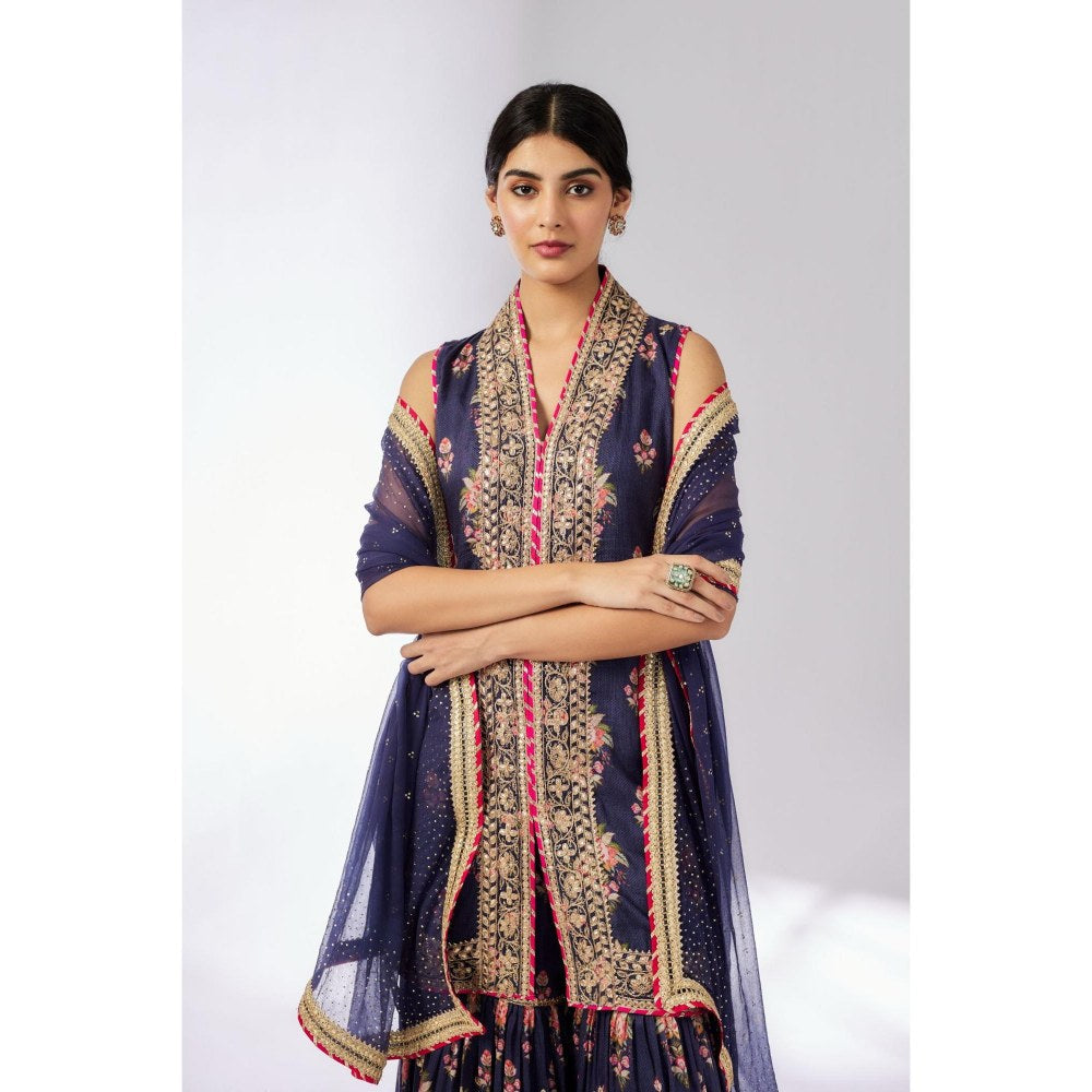 Gopi Vaid Dhriti Navy Blue Floral Kurta with Sharara and Dupatta