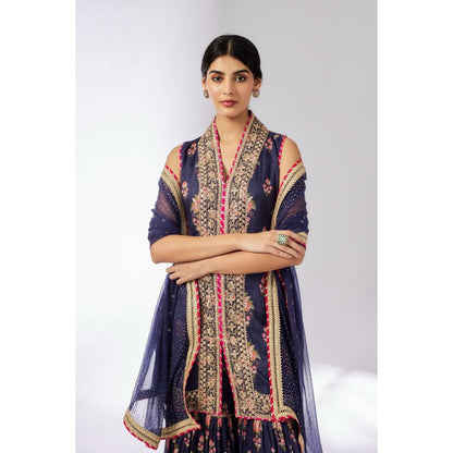 Gopi Vaid Dhriti Navy Blue Floral Kurta with Sharara and Dupatta
