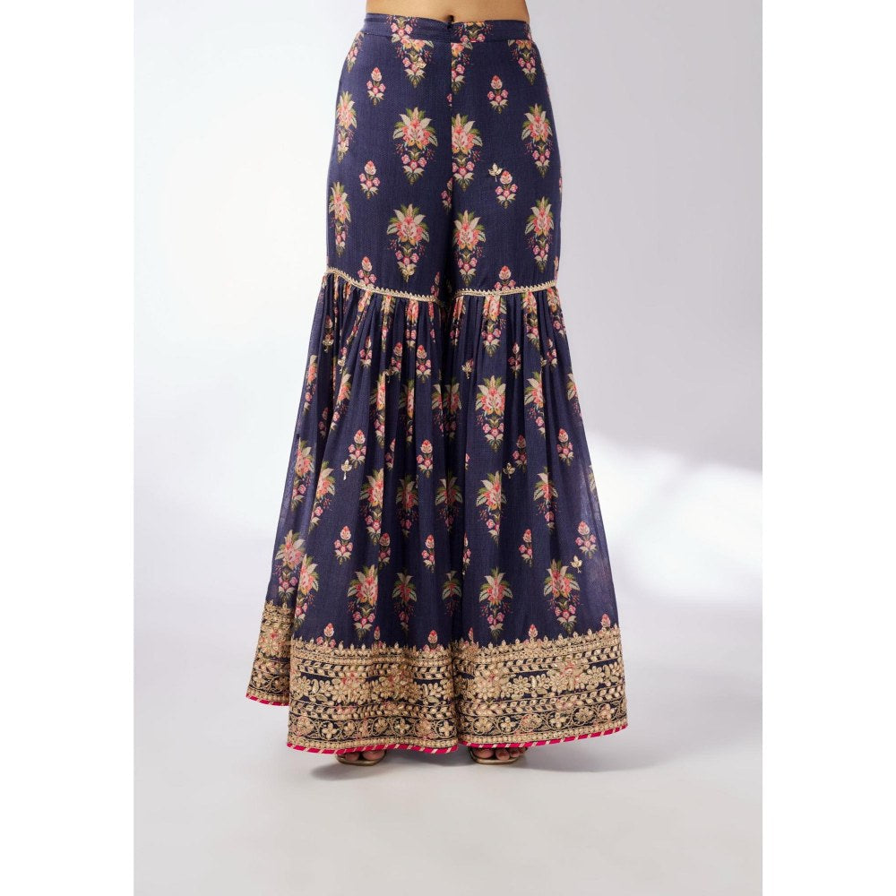 Gopi Vaid Dhriti Navy Blue Floral Kurta with Sharara and Dupatta