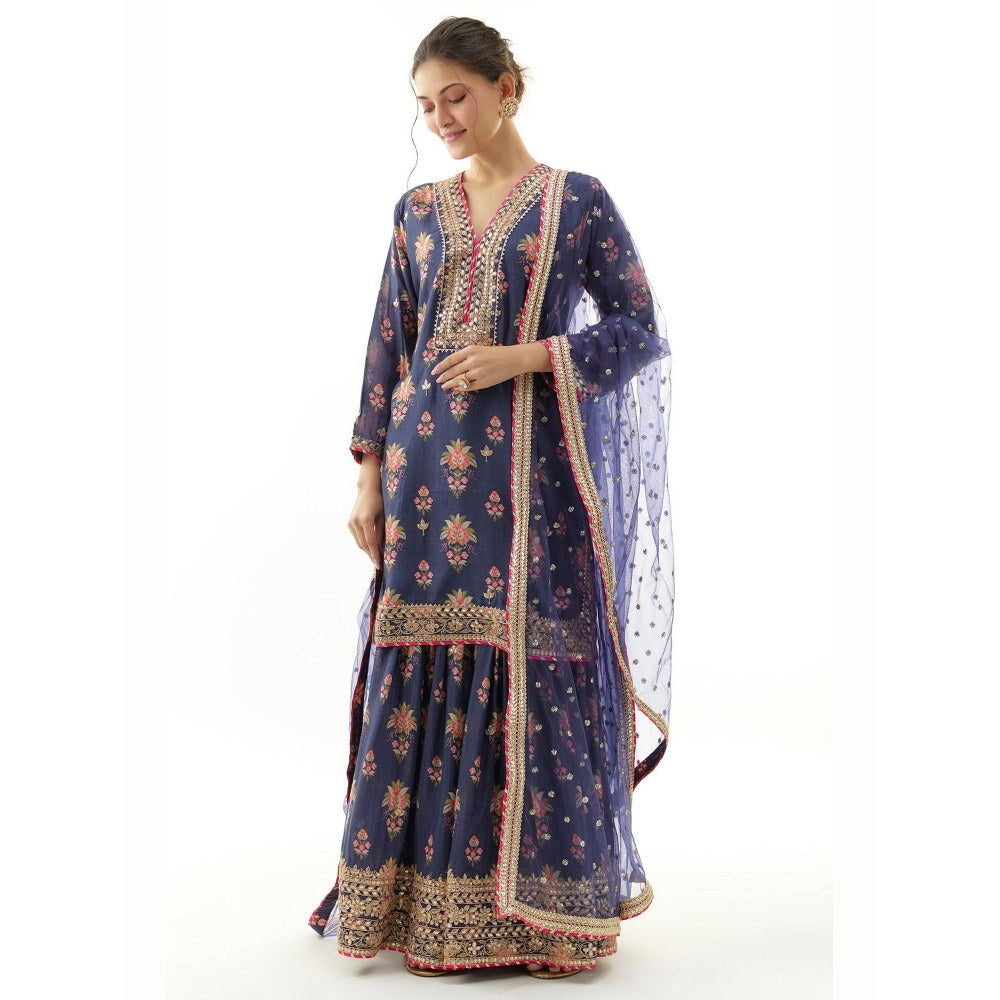 Gopi Vaid Sadhna Navy Blue Floral Kurta with Sharara and Dupatta