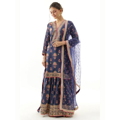 Gopi Vaid Sadhna Navy Blue Floral Kurta with Sharara and Dupatta