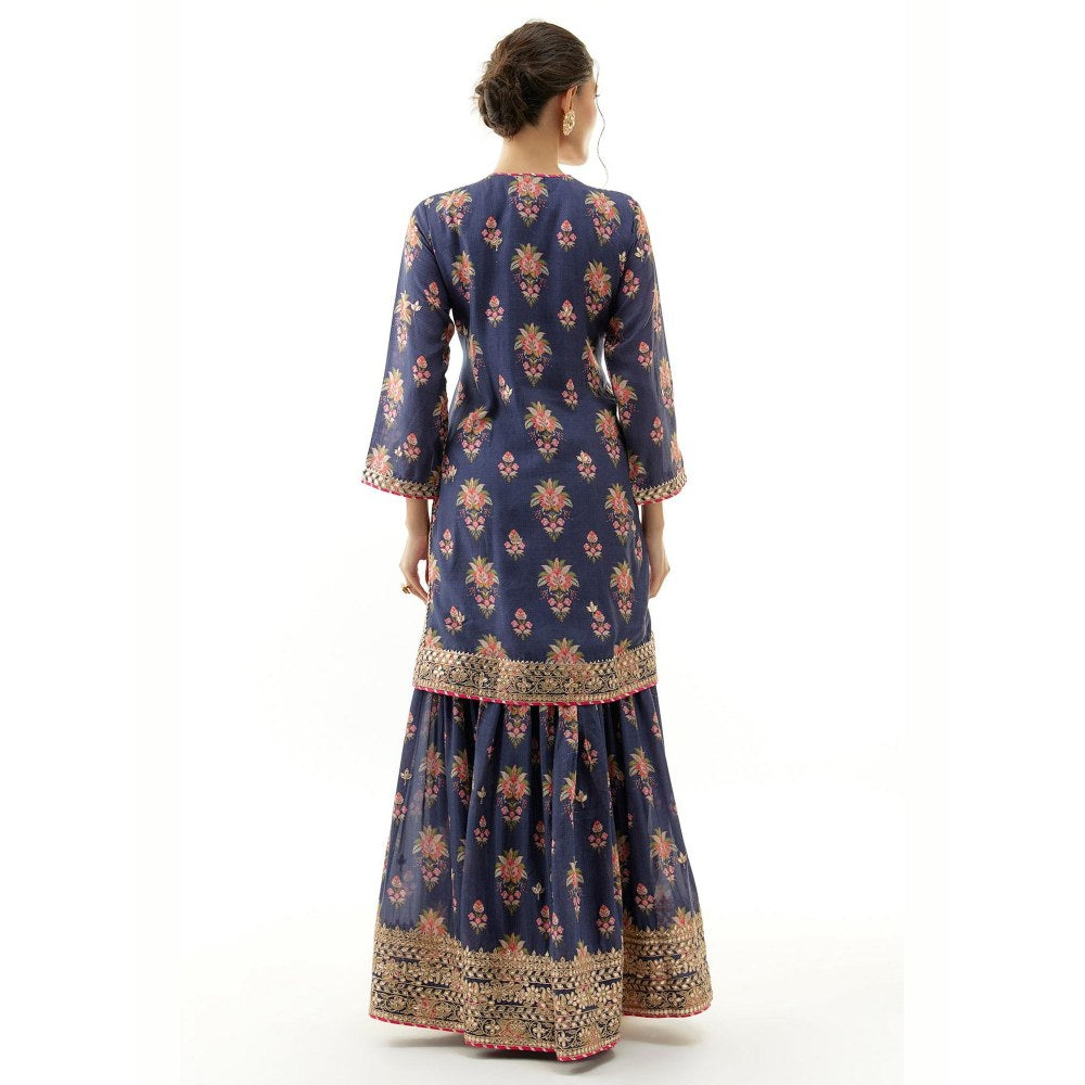 Gopi Vaid Sadhna Navy Blue Floral Kurta with Sharara and Dupatta